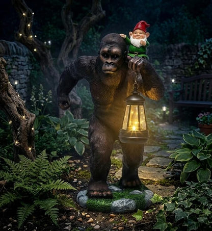 16 Inch Solar Bigfoot Garden Statue with Gnome & Lantern, Large Resin Sasquatch Yard Outdoor Decor, Funny Bigfoot Gifts for Husband, Dad & Grandpa (Large)
