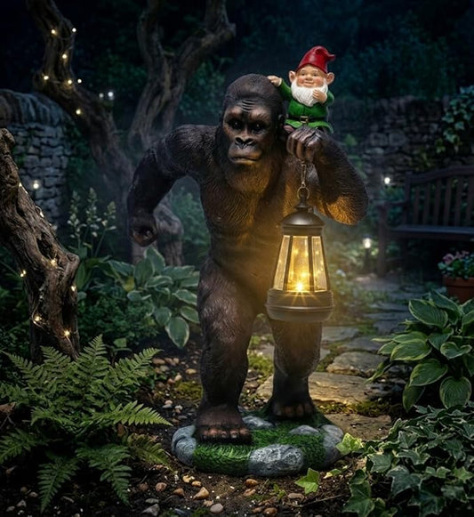 16 Inch Solar Bigfoot Garden Statue with Gnome & Lantern, Large Resin Sasquatch Yard Outdoor Decor, Funny Bigfoot Gifts for Husband, Dad & Grandpa (Large)