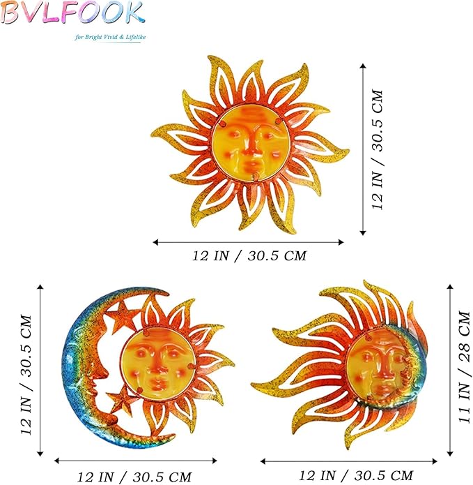 Metal Sun Wall Art Decor,12 Inch Retro Hanging Decor With Glass,Sun Moon Star Valentine Wall Decorations For Patio Yard Garden Fence Living Room Bedroom, Set of 3