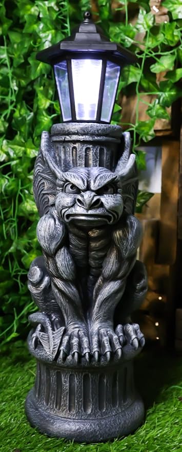 Ebros Faux Stone Gothic Crouching Winged Gargoyle Statue with Solar LED Lantern Light Post 20" Tall Decor Figurine