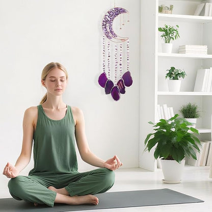 Yoption Amethyst Moon Tree of Life Agate Slice Wind Chime, Handmade Healing Crystal Stone Wind Chime for Home Wall Garden Decorative Ornament, Unique Gift