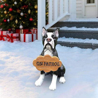 Outdoor Boston Terrier Dog Statue with Interchangeable Welcome Sign and Detachable Solar Lantern –LED Light Garden Dog Sculpture Décor, Cute Puppy Design for Yard, Porch, Gift