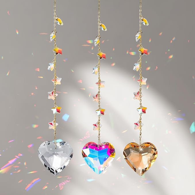 Crystal Sun Catcher Crystal Heart Suncatchers for Windows Hanging Healing Crystals Ornament Gift for Wife Mom Set of 3