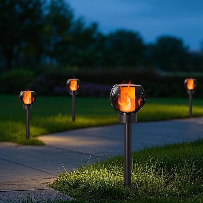 Dynaming 4 Pack Solar Torch Lights Outdoor, Flickering Flame Christmas Pathway Solar Globe Lights, Auto On/Off Garden Decorative Light, Waterproof for Landscape Lawn Patio Yard Walkway Deck Driveway