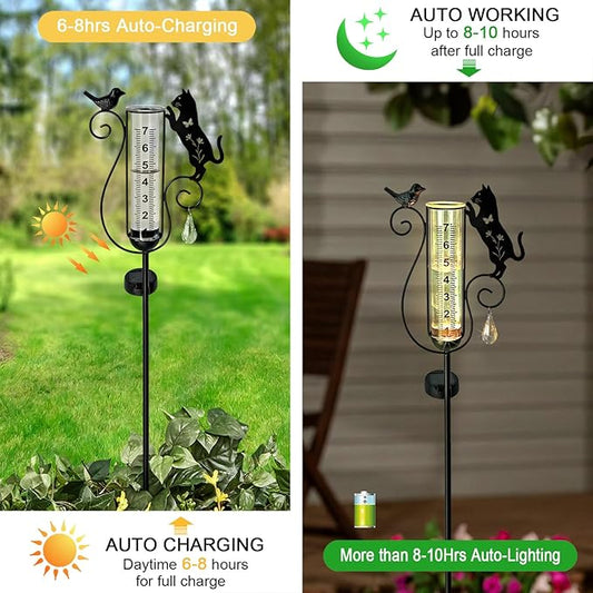 Rain Gauge Outdoor,Decorative Metal Black Cat and Bird Solar Light Stake with Rain Gauges Best Rated for Yard,Garden,Lawn, Pathway, 7" Glass Tube