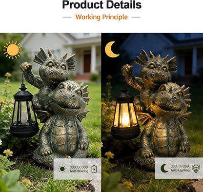 Solar Garden Outdoor Statues Lantern Figurines Light Decorations for Outdoor Patio Balcony Yard Lawn, Ideal Gifts for Mom Friends (Bronze -Dragon)