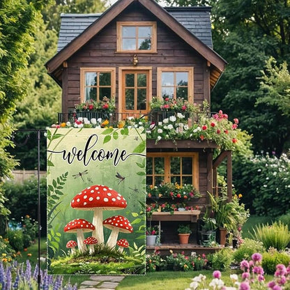 Welcome Spring Summer Mushrooms Garden Flag 12x18 inch Double-Sided Small Burlap Yard Outside Lawn Rustic Farmhouse Decorations
