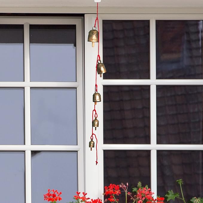 Handmade Rustic Wind Chimes with 5 Brass-Coated Metal Bells (30") – Boho Hanging Bell for Outdoor Patio, Lawn, Balcony, Garden, Door, Farmhouse & Vintage Christmas Decor