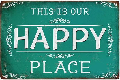 This is Our Happy Place Metal Tin Wall Sign Farmhouse Wall Decor Signs Porch Decor for Home Deck Outdoor Outside Door Fence 12x8 Inches