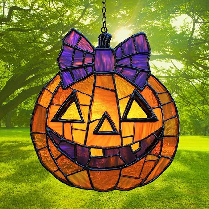 Jack-o'-Lantern Purple Tie Acrylic Suncatcher Stained Glass Effect Window Car Hanging Christmas Ornament Indoor Outdoor Decor Garden Sun Catcher Panel for Halloween Lover for Women Mom Grandma