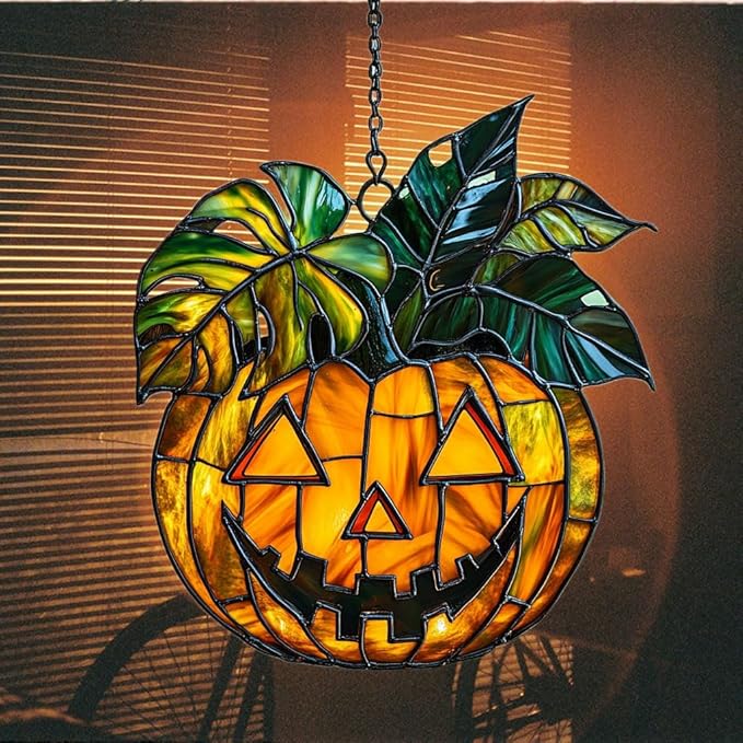 Monstera Jack-o'-Lantern Acrylic Suncatcher Stained Glass Effect Window Car Hanging Christmas Ornament Indoor Outdoor Decor Garden Sun Catcher Panel for Monstera Lover for Women Mom Grandma