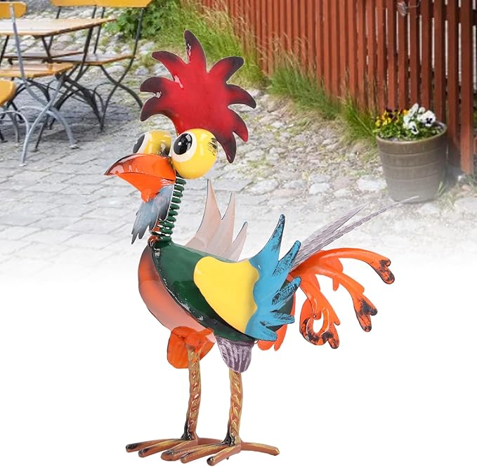 8.3 Inch Wacky Metal Rooster Garden Statue, Handcrafted Iron Rooster Decor for Outdoor Yard and Indoor Desk