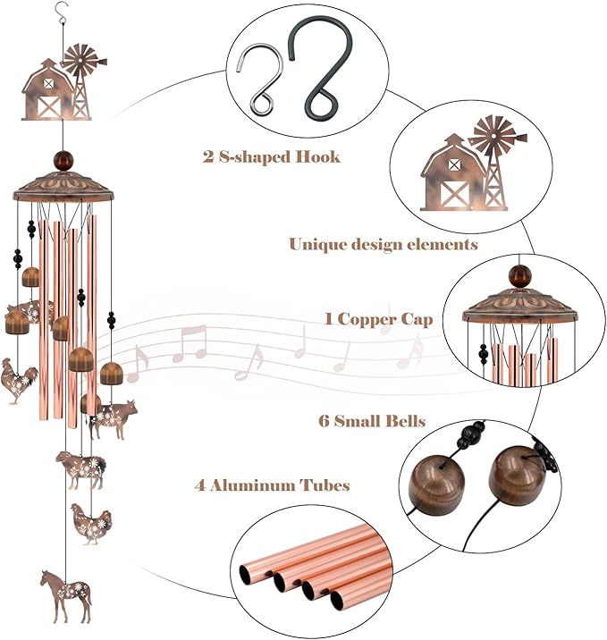 Farmhouse Decor Wind Chimes, Chicken Wind Chime Gift for Women Men, 35" Vintage Metal Farm Animal Windmill & Barn Decor for Home, Outdoor Garden Patio
