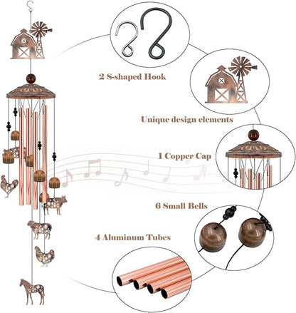 Farmhouse Decor Wind Chimes, Chicken Wind Chime Gift for Women Men, 35" Vintage Metal Farm Animal Windmill & Barn Decor for Home, Outdoor Garden Patio