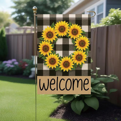 Buffalo Plaid Welcome Wreath Garden Flag Sunflower Flower Flag 12x18 Double Sided Tropical Floral Yard Decor Welcome Sign for Spring Summer Outdoor Porch Patio Lawn Farmhouse