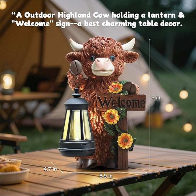 Solar Highland Cow Garden Decoration - Outdoor Waterproof Resin Statues with LED Lantern Lights, Solar Patio Figurines for Yard & Lawn (1-Pack, Auto On/Off), Decor for Inside&Outdoor