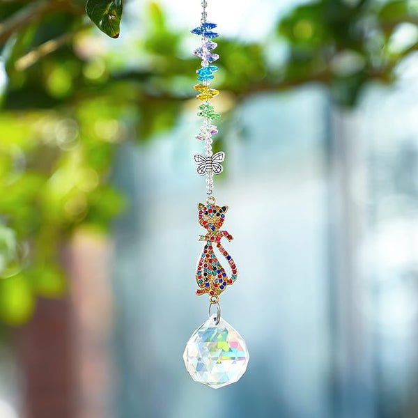 Rhinestones Suncatchers Crystal Cat Shaped Window Hang Pendant, Rainbow Crystal Prisms Ornament Car Sun Catcher Gift for Lady Women Mother