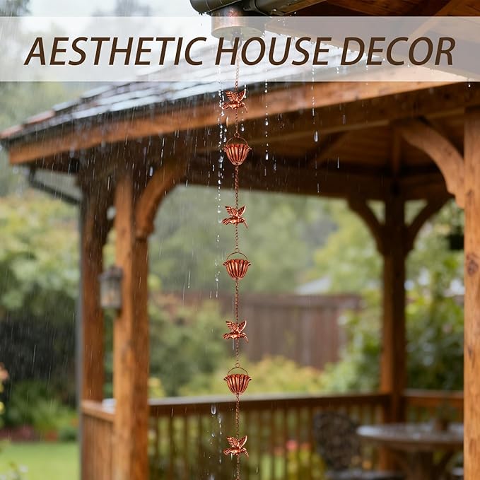 8.8ft Rain Chains for Gutters Outside, Adjustable Hanging Rain Hutter Catcher Chain with 6 Metal Flower Cups & Hummingbird Decor, Downspout Substitute for Garden Drainage and Courtyard