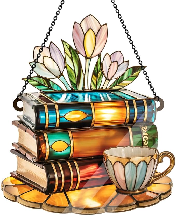 Jesuspirit - Window Hanging Suncatcher – Crystal Clear Acrylic & Wood Sun Catcher for Home Decor, for Women (Tea Cup and Library, 8 Inches)