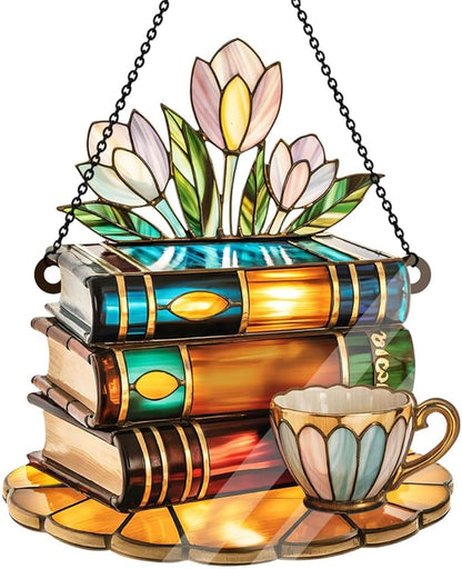 Jesuspirit - Window Hanging Suncatcher – Crystal Clear Acrylic & Wood Sun Catcher for Home Decor, for Women (Tea Cup and Library, 8 Inches)