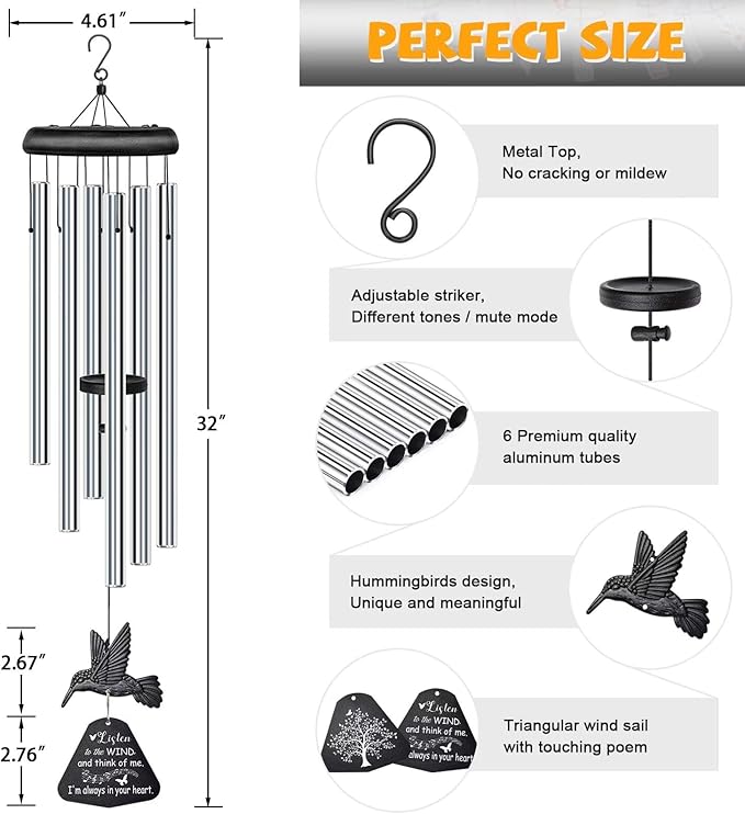 Sympathy Wind Chimes for Outside Deep Tone, Memorial for Loss of Loved One Prime, Bereavement Condolence Remembrance Funeral Gifts for Grieving Friends Loss of Mother Father