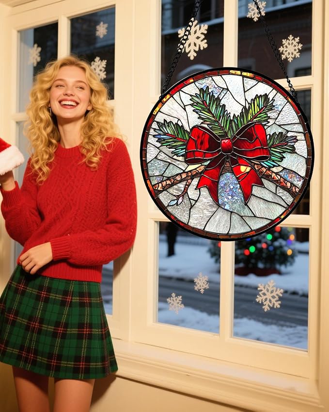 DASTOLL Stained Glass Window Hanging - Pine Branches Red Bow Suncatcher for Doors Home Christmas Decoration Silver Sun Catcher Thanksgiving New Year Birthday Gifts for Women Men Mom Nana 9.8 in