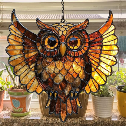 Owl Tiffany Style Acrylic Suncatcher Stained Glass Effect Window Car Hanging Christmas Ornament Indoor Outdoor Decor Garden Sun Catcher Panel for Owl Lover for Women Mom Grandma
