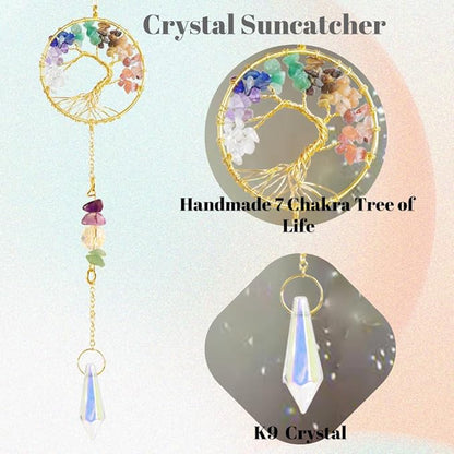 Handmade 7 Chakra Tree of Life Crystal Suncatcher, Sun Catcher Hanging for Car, Windows, Spiritual, Rainbow Maker, Butterfly Indoor Garden Home Decor