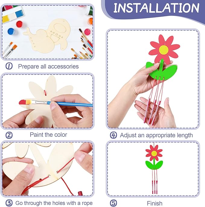 Tuanse 24 Pcs Wind Chime Kit for Kids DIY Wooden Animal Fruit Wind Chimes Crafts for Outside Spring Girls Boys Christmas Home Classroom Activity Garden Summer Decoration,Party Gift(Lovely)