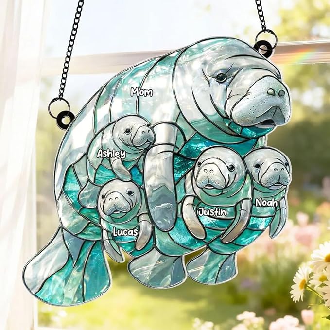 Personalized Manatee Family Acrylic Sun Catcher Ornament Gift for Grandma Mom, Custom Kids Names Window Decor, Heartfelt Gifts for Mimi Nana from Grandkids, Family Window Hanging Decor