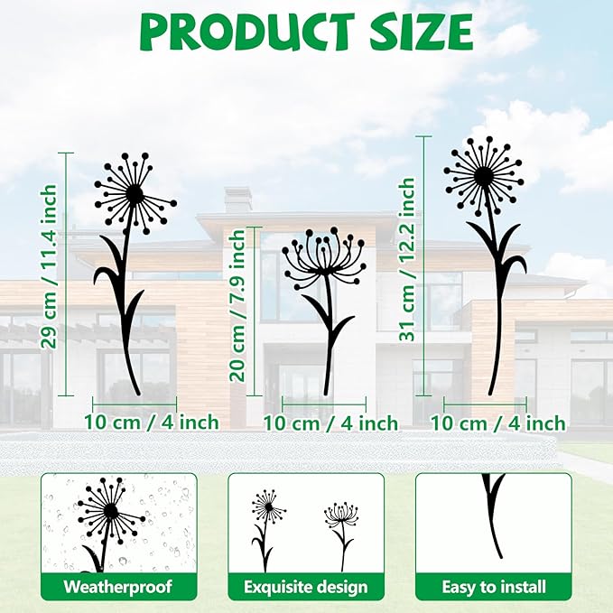 GLOBLELAND 3pcs Dandelion Mental Garden Stakes Black Silhouette Flower Decorative Yard Stakes Spring Trees Metal Outdoor Art Decor for Yard Patio Lawn Walkway Ornament