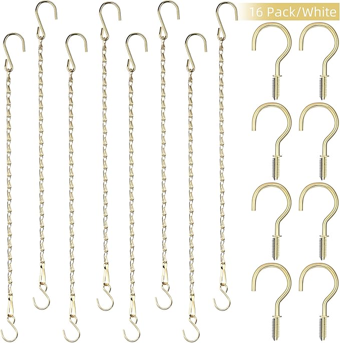 Hotop 8 Pcs Metal Hanging Chains with Ceiling Hooks, Garden Plant Hangers for Hanging Bird Feeders, Billboards, Chalkboards, Basket, Planters, Lanterns, Wind Chimes, Chain Hook DIY(16.38 Inch,Gold)