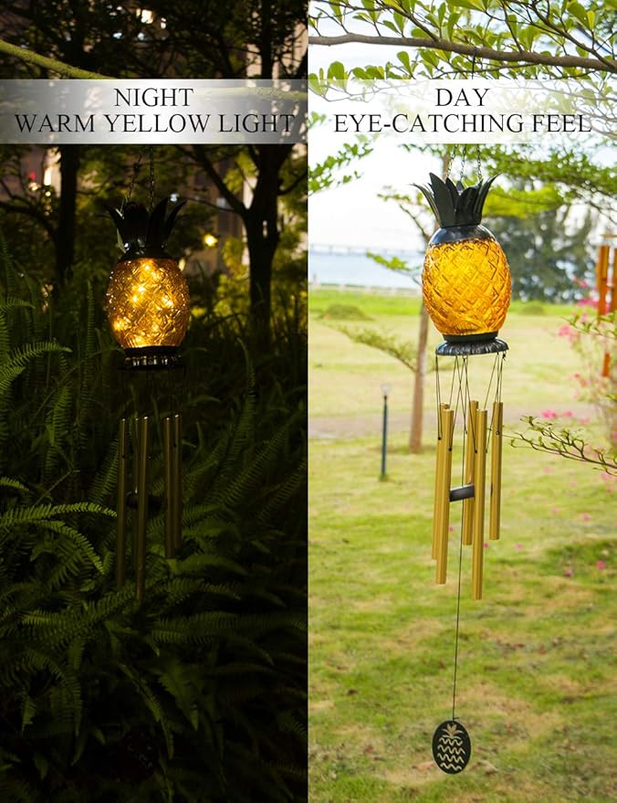 MUMTOP Solar Wind Chime Pineapple Solar LED Light Tropical Windchimes Decorative Hanging Wind Bell for Porch Patio and Garden Decor