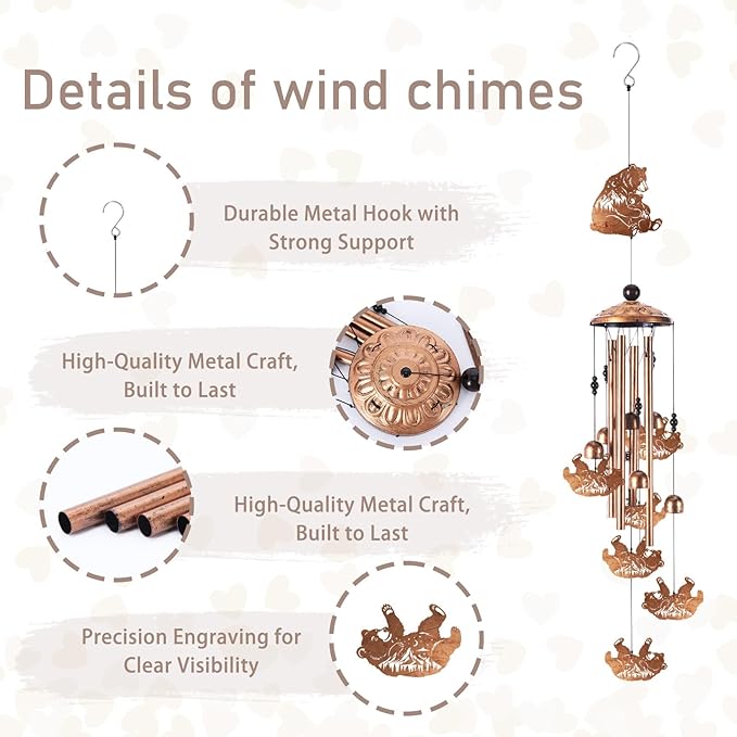 Bear Wind Chimes for Outside, Memorial Wind Chimes with Card & Gift Box, Antique Metal Bear Decor for Garden Patio Porch, Unique Sympathy Bear Gifts for Women Mom Grandma