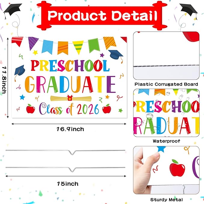 Preschool Grad Yard Sign - Class of 2026 Kindergarten Graduate Lawn Sign with Stake School Congrats Graduation Decorations Colorful Graduation Party Favors Supplies Outdoor Photo Booth Props for Kids
