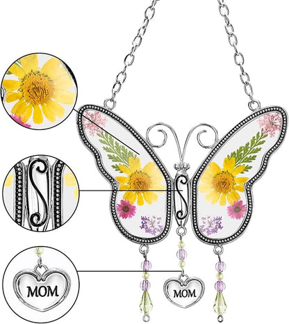 Butterfly Suncatcher Wind Chime with Embossed Colorful Flower Wings, for Mom Butterfly Glass Wind Chime with Hook and Metal Heart Hang Tag, Birthday Gift for Mom's Grandmother (Yellow Mom)