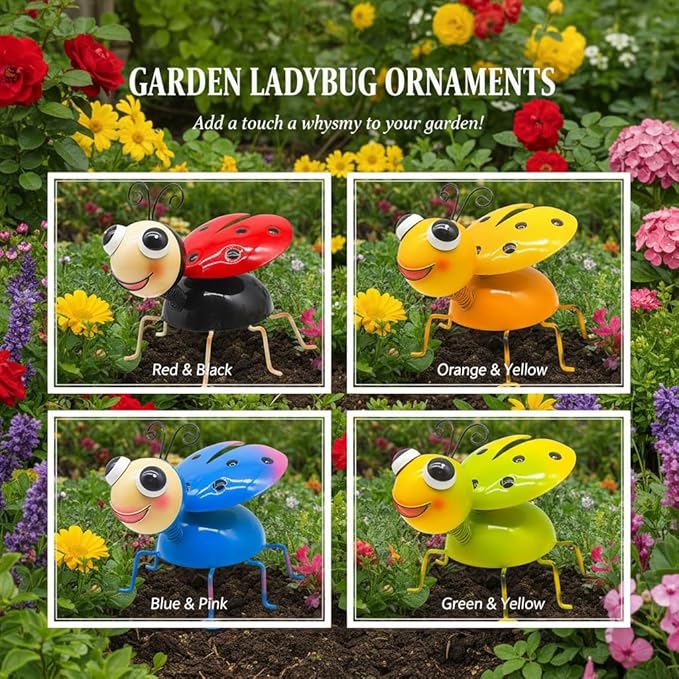 Cruis Cuka Metal Yard Art Garden Decor for Outside Cute Coloful Ladybugs Lawn Patio Ornaments Backyard Decorations Garden Gifts for Mom - Set of 4