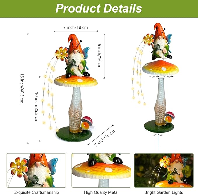 HONGLAND Solar Garden Gnome Figurine, Waterproof Outdoor Mushroom Decor with Solar Outdoor Lights for Yard, Patio, Lawn Ornaments, Ideal Gifts for Mom Grandma Women, Housewarming Gifts-16.5"