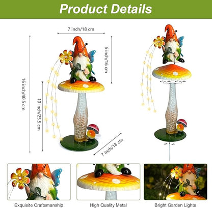 HONGLAND Solar Garden Gnome Figurine, Waterproof Outdoor Mushroom Decor with Solar Outdoor Lights for Yard, Patio, Lawn Ornaments, Ideal Gifts for Mom Grandma Women, Housewarming Gifts-16.5"