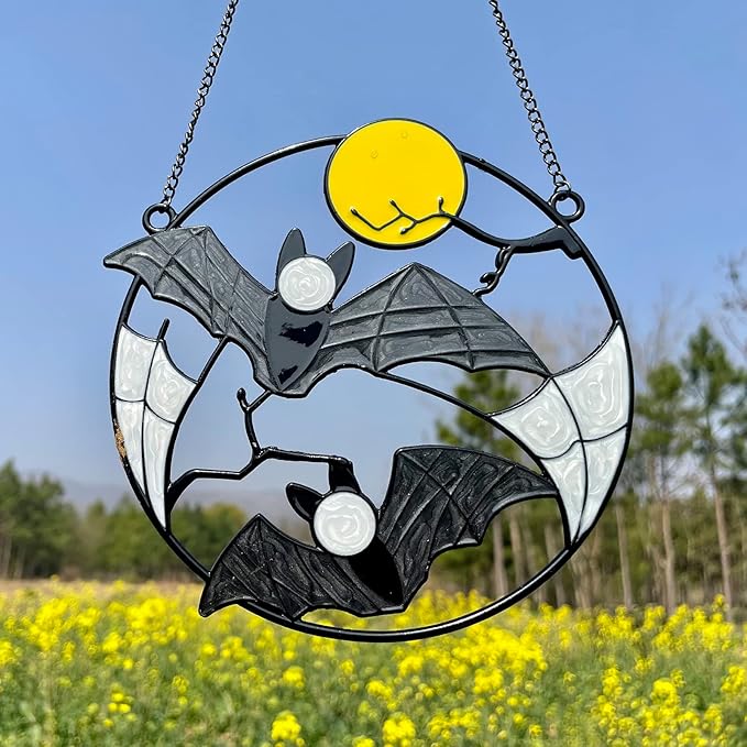 Stained Enamel and Metal Bat Moon Suncatcher Window Panel Wall Hanging Ornaments Halloween Horror Home Decorations