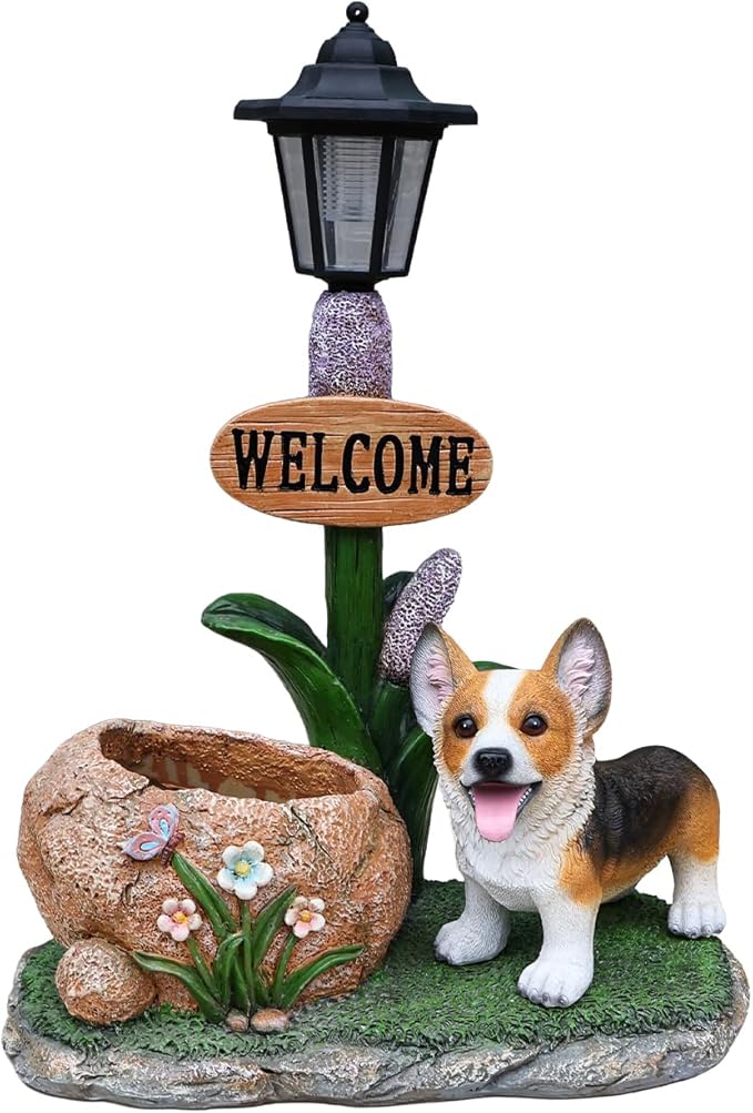 Solar Garden Statue with Planter & Solar Lantern, Outdoor Resin Animal Sculpture, Waterproof Yard Lawn Decor Pot for Succulents, Front Porch Ornament Housewarming Gift (Corgi)