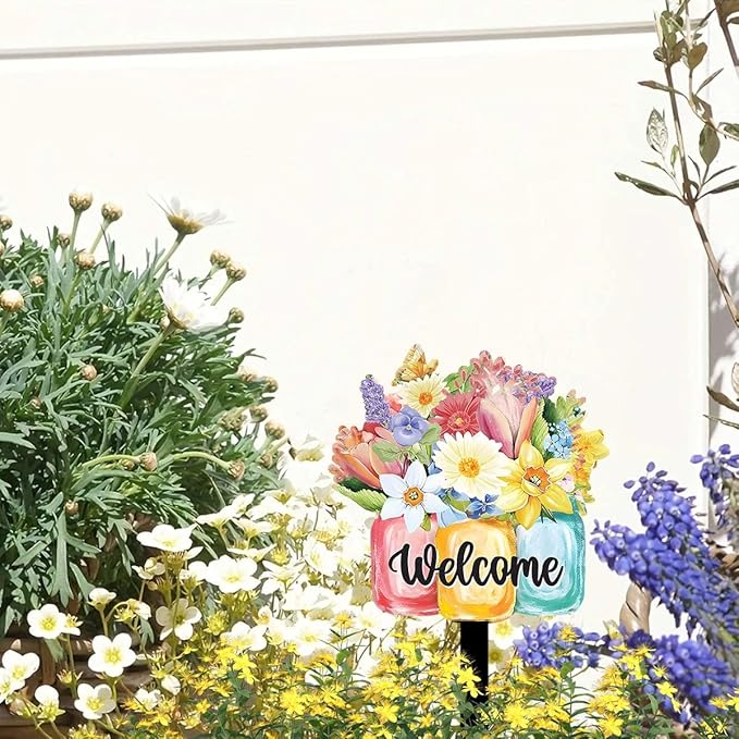 Decorative Garden Stakes, Welcome Yard Sign, Metal Arrangement Ornaments for Courtyard Lawn, Rusty Outdoor Decortions for Easter Housewarming (H)