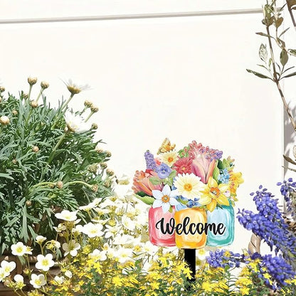 Decorative Garden Stakes, Welcome Yard Sign, Metal Arrangement Ornaments for Courtyard Lawn, Rusty Outdoor Decortions for Easter Housewarming (H)