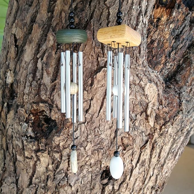 i-lan Silver Garden Wind Chimes 2 Pack – Small Outdoor Patio Porch Decor, Mini Aluminum Tubes with White Ceramic Drop, Soothing Gentle Sound for Yard Balcony