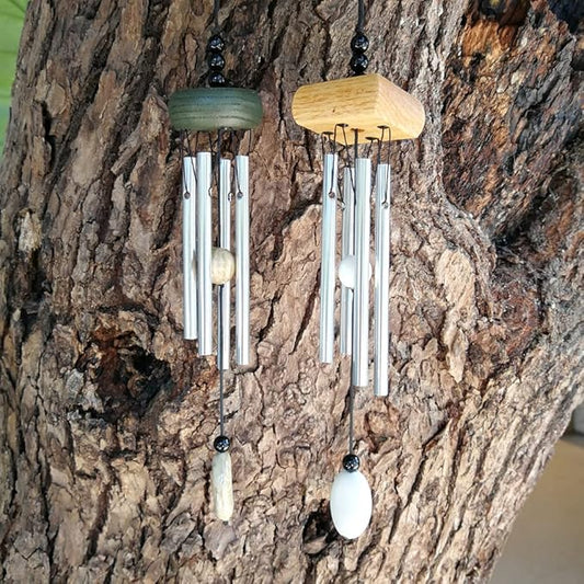 i-lan Silver Garden Wind Chimes 2 Pack – Small Outdoor Patio Porch Decor, Mini Aluminum Tubes with White Ceramic Drop, Soothing Gentle Sound for Yard Balcony