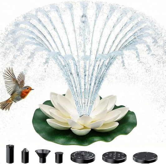 Bird Bath Fountains Solar Power for Outside, Small Solar Fountain for Bird Bath, Floating Lotus Solar Garden Fountain Pump Kit for Outdoors, Garden, Patio, Pond, Yard Decor (White, 6.1IN 2.5W)