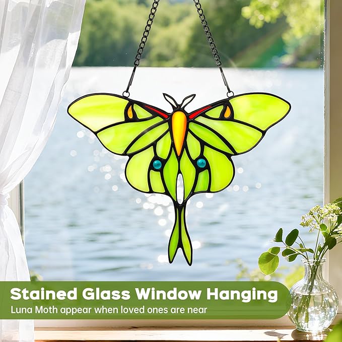 Luna Moth Sun Catcher Stained Glass Window Hanging for Mother's Day, IDEA SHOW 7.3Inch Handmade Real Glass Suncatcher Ornaments, Elegant Green Butterfly Memorial Gifts for Women, Mom, Grandma