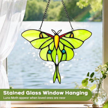 Luna Moth Sun Catcher Stained Glass Window Hanging for Mother's Day, IDEA SHOW 7.3Inch Handmade Real Glass Suncatcher Ornaments, Elegant Green Butterfly Memorial Gifts for Women, Mom, Grandma