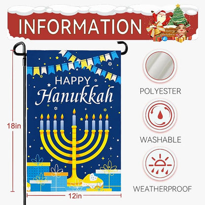 Happy Hanukkah Garden Flags 12 x 18 Inch Double Sided Jewish Holiday Menorah Star Candles Yard Flag for December Hanukkah Outdoor Decorations for Outside garden yard