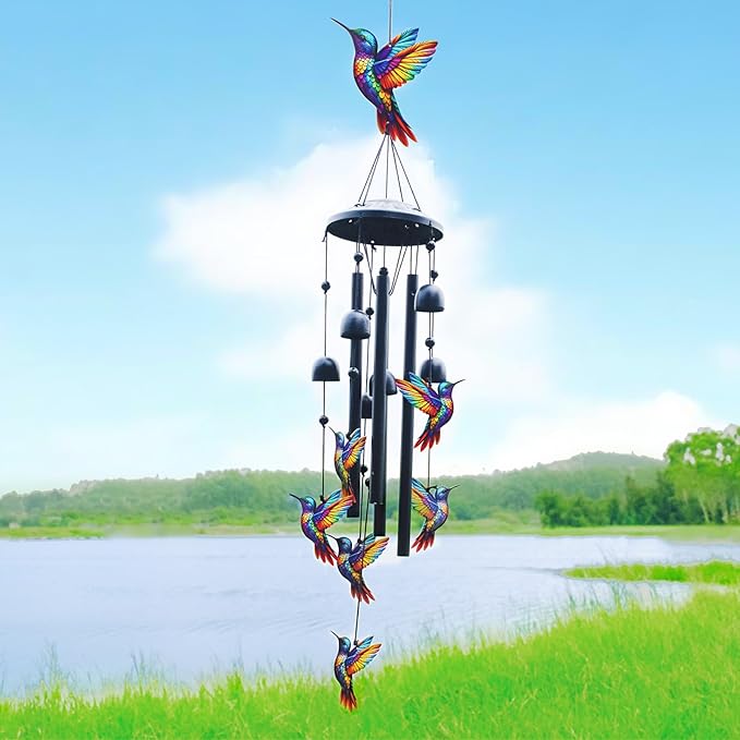 Hummingbird Wind Chimes for Outside, Black Metal Windchimes Outdoors, Hummingbirds Gifts for Women/Men, Garden/Yard Decor, Memorial/Birthday Gifts for Grandma/Mom, Durable Chimes for Outdoors